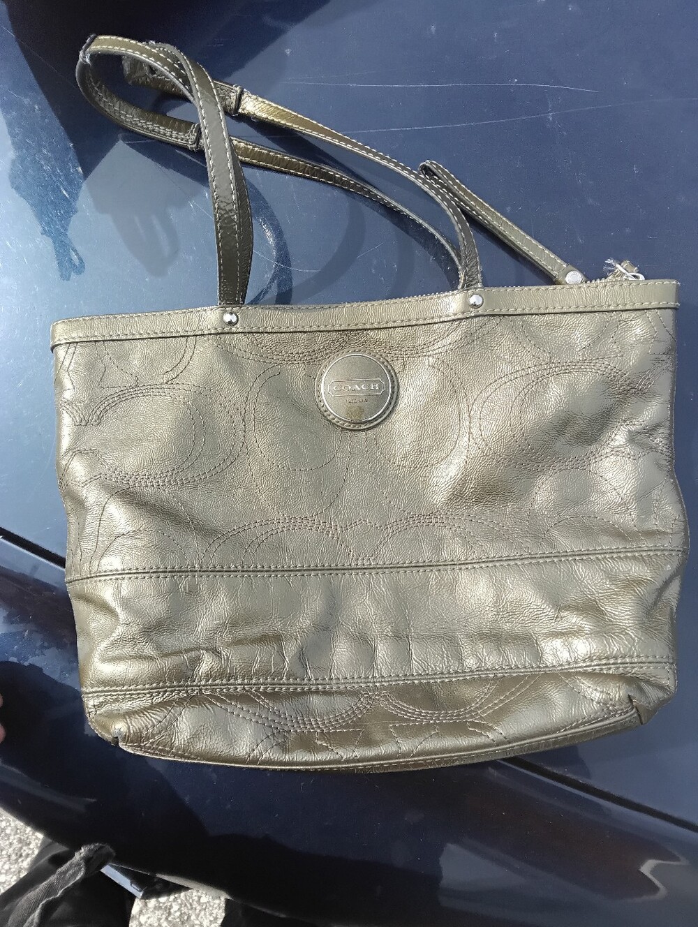 Coach Metallic Gray Leather Handbag Medium- Vintage